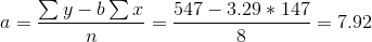 a = \frac{\sum y-b\sum x}{n} = \frac{547-3.29*147}{8} = 7.92