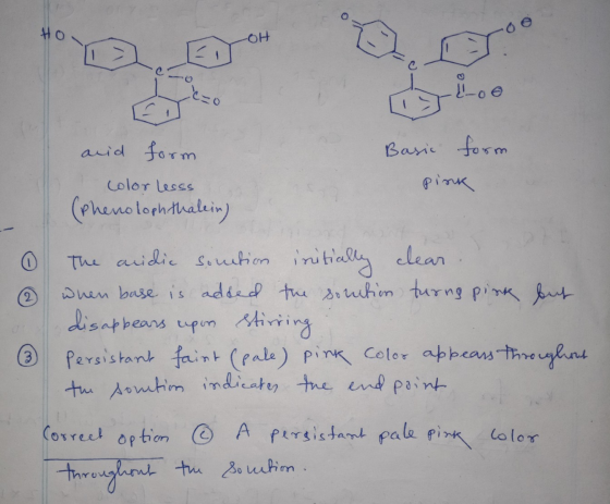 HO -OH e c=0 Loe color lesss 0 (2 acid form Basic form pink (Phenolophthalein) The acidic suntion initially clear. when base