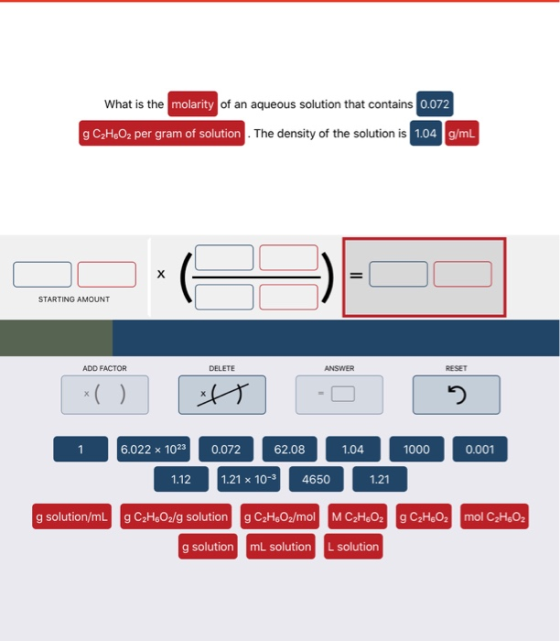 What is the molarity of an aqueous solution that contains 0.072 g C2H6O2 per gram of solution. The density of the solution is