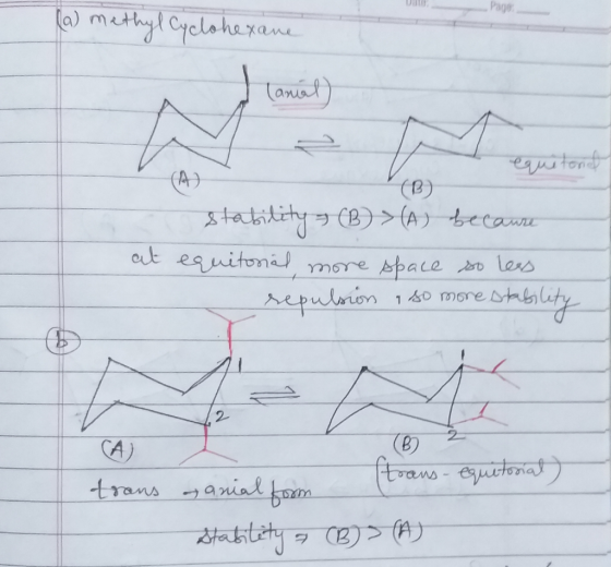 la) met ohexane (anal) aws (A) equetoniel (B) B > (A) because sta at equitorial more space so less repulsion a so more stabil