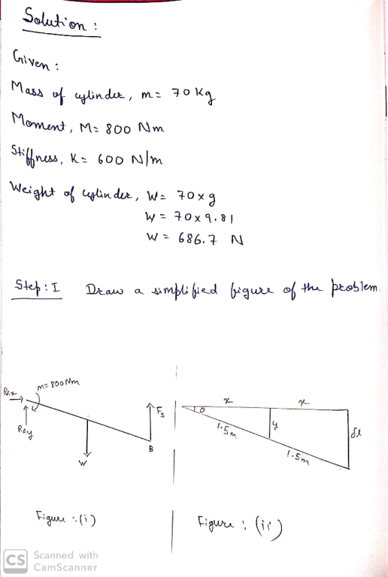 Solution : Given: Mass of cylinder, m=70kg Moment, M: 800 Nm Stiffness, K= 600 N/m Weight of cylinder, W= 70x9 W = 70x9.81 W=