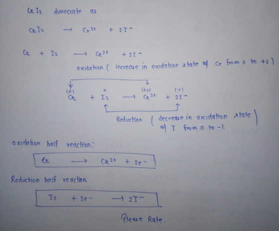 Cr I2 disociate cas → Colt CE IZ & 21- + I2 C2t +21- Ce from o to +2 ) Osetdation ( increcue in oxidation state of or & I2 -