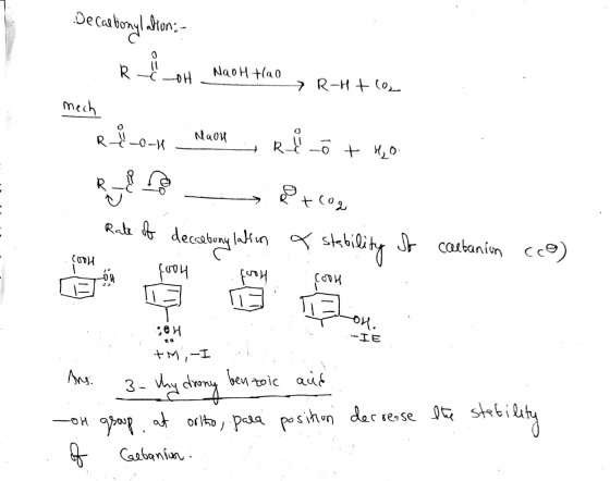 Decarbonyl lation: 0 R R coh NaOH tao → R-Htlo mech R-1-0-1 Maon Rio + H₂O P+cog Rate of decebonylation a stability So caetan
