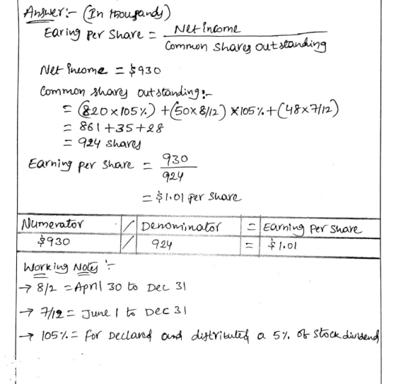 Income Answer:- (In thousandy) Earing per Share on Common shares outstanding Net Income = $930 Common share outstanding: - 5