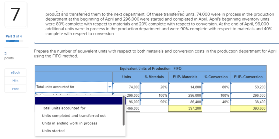 product and transferred them to the next department. Of these transferred units, 74,000 were in process in the production dep