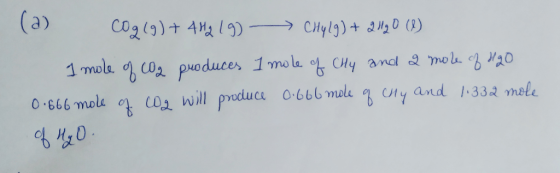 3 CO₂(g) + 4H2 (9) Chylg) + 2120 (8) 1 mole of coa produces I mole of Chy and a mole of H2O 0.666 mole of log will produce 0.