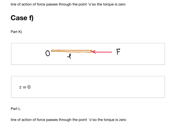 line of action of force passes through the point oso the torque is zero Case f) Part K) Part L line of action of force pass