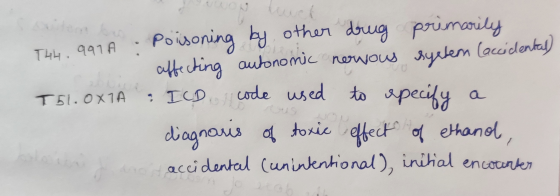 The 991 A Poisoning by other drug primarily affecting autonomic nowous syetem Caccédentes) T51.OXTA & ICD. I code used to spe