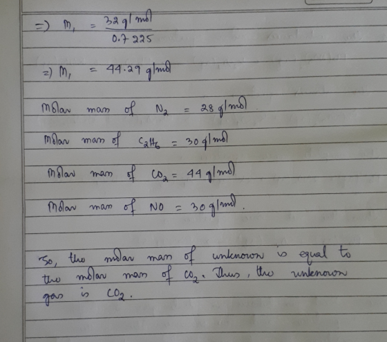 =) m = 32gl mol 0.7225 2) M = 44.29 almal molar man of No = 28 g/mol. molar man of Calto = 30 9l mol in slaw man of coa = 44