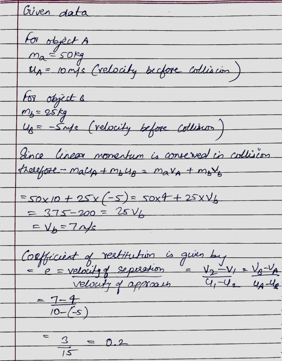 Given data for object A masokg MA = 10mps Crelocity before collision n for objects mg = 25 kg Uys Šade (relocity before colli