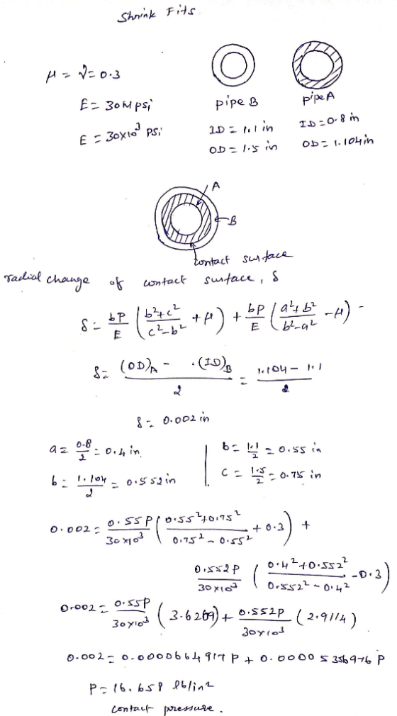 Shrink Fits. H= 8=0.3 E=3ompsi Pipe B 10:nulin OD SI in pipe A ID :0-8 in OD 1.104 in E 30X107 PS, tontact surface radial cha