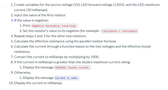 1. Create variables for the source voltage (5V), LED forward voltage (1.85V), and the LED maximum current (30 milliamps). 2.