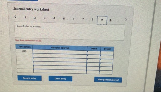 Journal entry worksheet < 1 2 3 4 5 6 7 Record sales on account. Note: Enter debits before credits General Journal Debit Cred