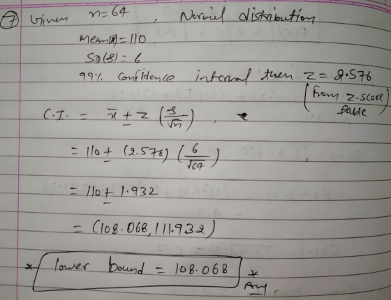 Ô Ginen n=64 Normiel distribution Mean) = 110 Sols) = 6 99% confidence internal then 2=8.576 from z-score C.I. - ut fable M+2