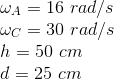 \\ \omega_A=16\ rad/s \\ \omega_C=30\ rad/s \\ h=50\ cm \\ d=25\ cm