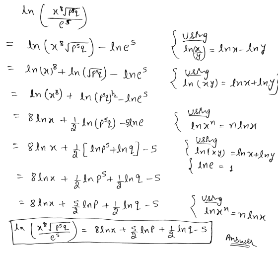 es s Susing ense = lnx-lny - ln H8Jp8q = In (Y/Pb) - le en(x)² + ln (Jpsq) - Ines In (28) + ln (ps2}_enes à In (PS2) -5lne =8