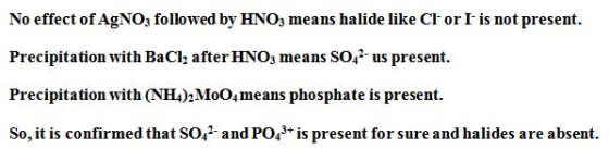 No effect of AgNO3 followed by HNO3 means halide like Cl or I is not present Precipitation with BaCl2 after HNO3 means SO42 u