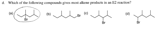 Which of the following compounds gives most alkene products in an E2 reaction? d. (c) Br (a) (d) (b) Br Br Br