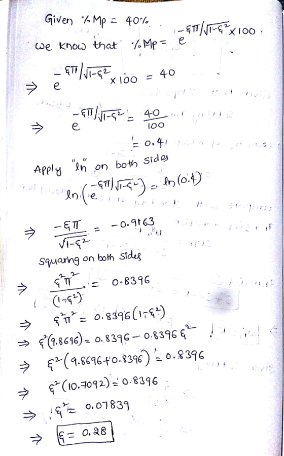 Given % Mp 40% e knoo that. ..Mp= e lOO IIL Appl In on both Sid επ -o.9t63 squaring on bolh Sides ラー..-o-8396 く9.8676)-08396-