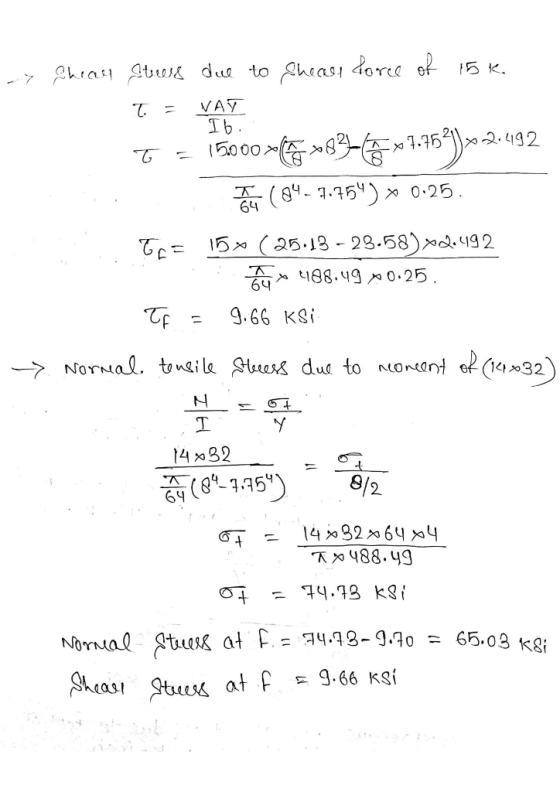 T T - Ghear stress due to Sheast love of 15k. NAT Ib. 15000 *f6 282-5 » 9-352)22.4192 (84-7.754) * 0.25. Gr= 15(25.13 - 23.58
