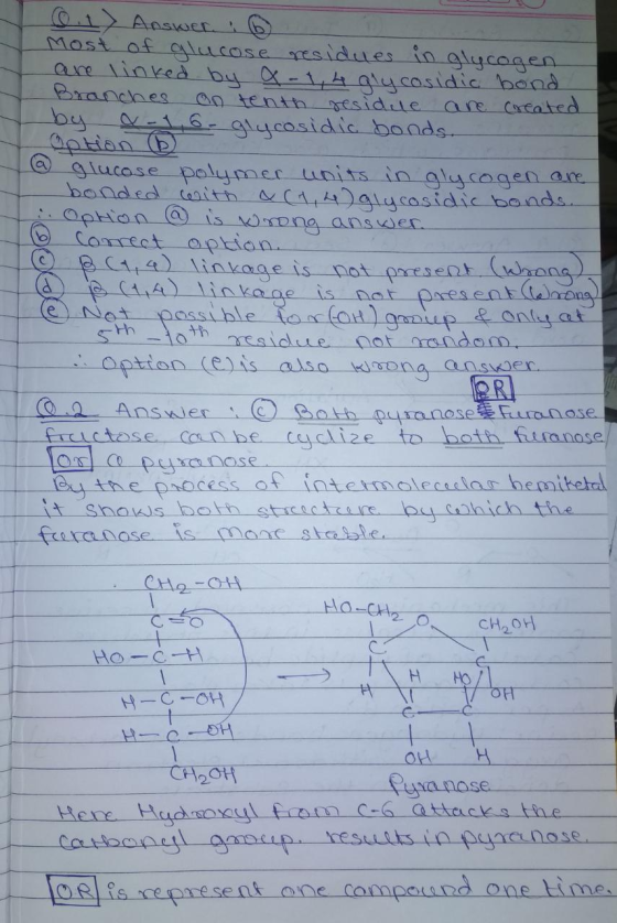 0.1 > Answer: 6 Most of glucose residues in glycogen are linked by a 1,4 glycosidic bond Branches an tenth residue are create