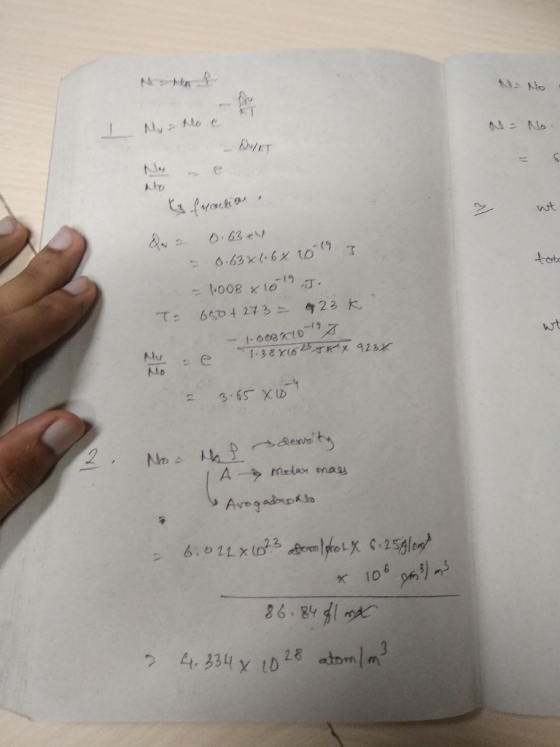 No Nylo a = No. e fuochas wt tote Qwa 0.63 eV = 0.63x16x 1019 3 - 1.008 x 16J. Ta 6804273 = 423k - 10027 1.387162 K4 923 2 3