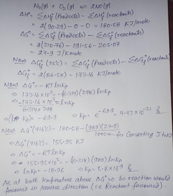 Now AG (250) N₂ (9) + O₂(gs & 2NO(gs AH = EAHg (Products) - EOH (reactants, = 2190.29) - 0 - 0 - 180.58 KTM Asº = sasi (Produ