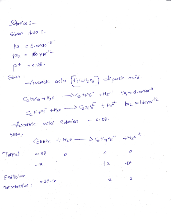 Sdution :- Given data :- Kal = 8.00x10-5 Kag = 180x10-12 pH 50:28 Given : Ascorbic acid (H2 C6H6o di protic acid. CH2O6 + H2O