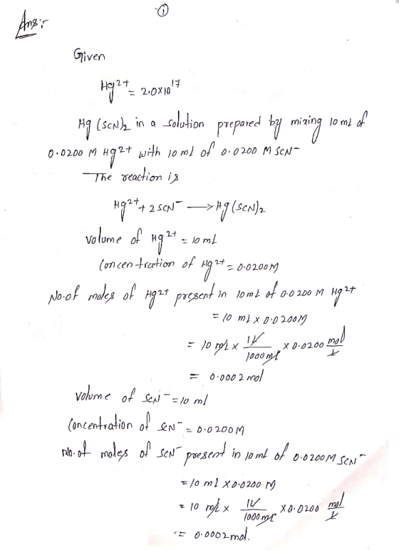 Given 2.0X10 Lolotion H (sCNh in a ith 10 m of 0 0200 M SCN 0 0200 M The eaction i velume of loncen tration of 0.0200M Abof