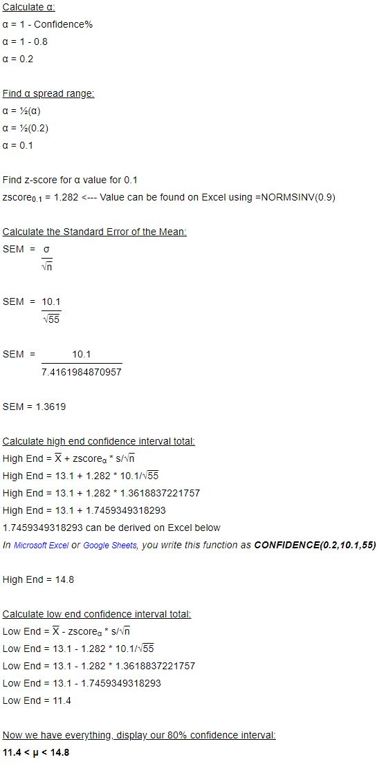 Calculate a a 1-Confidence% a 1 0.8 a 0.2 Find a spread range a 2(a) a 2(0.2) a 0.1 Find z-score for a value for 0.1 zscoreo.
