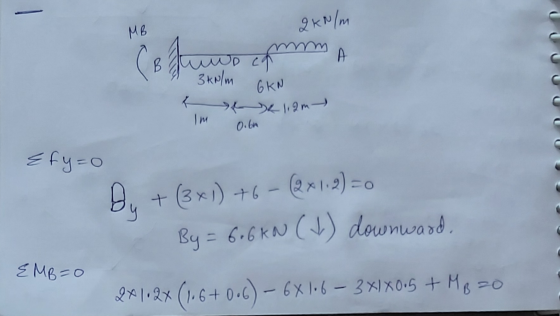 MB 2 kN/m (B Juud amma By 3 kN/m GKN 1.2m R 0.66 Efy=o Du + (3x1) +6 - @x19) =0 By = 6.6kN (√) downward. EMB=0 2X112x (1.6+0.
