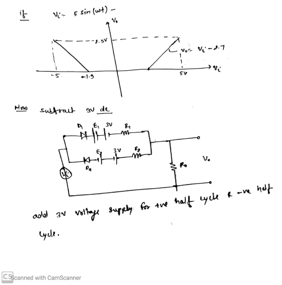 it Vin 5 sin (wt) - V. -2.5V 12 Vos Vi-4.7 ه 4 SV -5 -1.9 Moo subtralt zu de Di €, 3v Ry 31 Vo * Da the half half cycle add 3