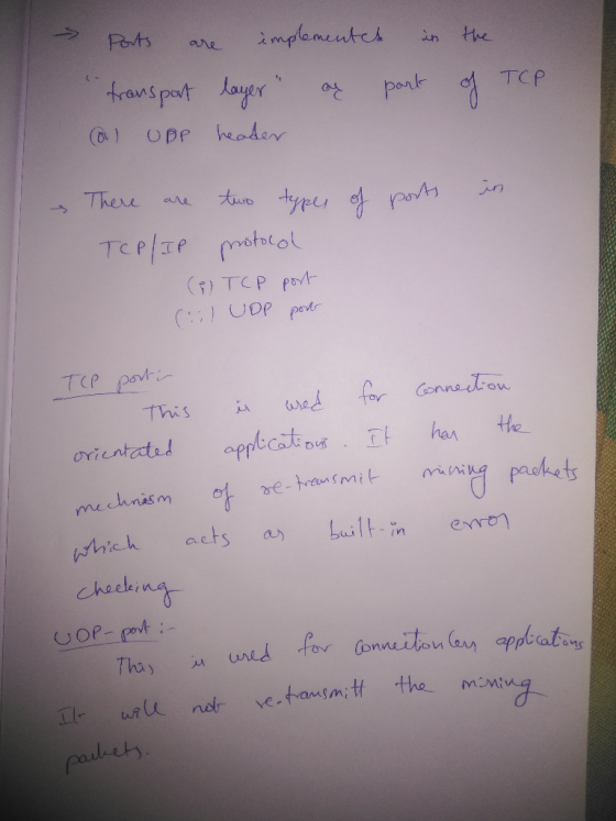 Ports are implemented in transport layer ¢ part al UBP header the of TCP ports in There are two types of TCP/IP protocol ( T
