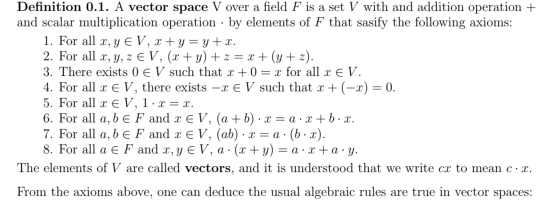 Definition 0.1. A vector space V over a field F is a set V with and addition operation + and scalar multiplication operation