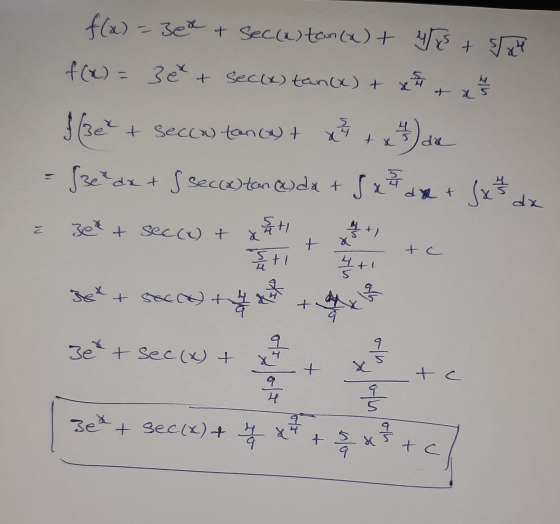 f(x) = 3ed & sec(astan(x) + 40 + 5124 f(x) = 3 et + seck) tan(x) + x + x a + x 4) de 5 de + 5x dx f (zek + secca) tancat f3ce