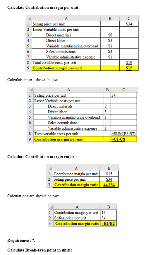 Calculate Contribution margin per unit: $34 A 1 Selling price per unit 2 Less: Variable costs per unit Direct materials Direc