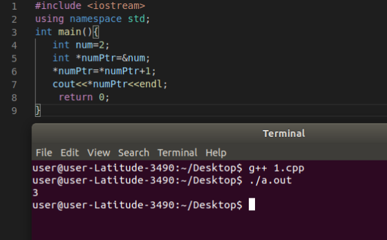 HN min 0 0 #include <iostream> using namespace std; int main() { int num=2; int *numPtr=# *numPtr=*numPtr+1; cout<<*numPt