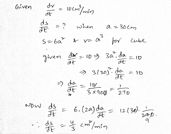 d Given du = 10 cm/min d =? when a =30cm sabar & rz a3 for cube given dan = 10 -3 3a da = 10 → 3130). de pe = 10 de = 10 anos
