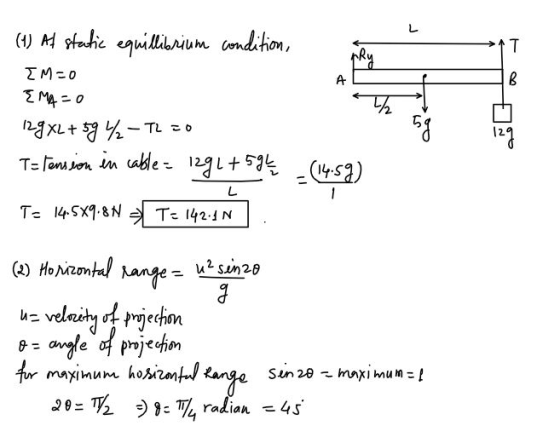 1T A B (1) At static equillibrium condition, nry IMO EMA=0 129x2 +59 / - Th - TL=0 T= tension in cable 1291 +591 4 - (14:59)