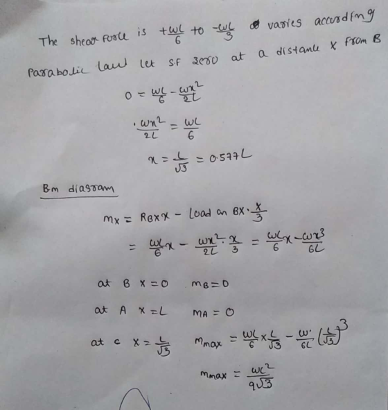 The shear Force is twl to we ovaries according parabolic laut let sf 2000 at a distance x from B x = 4 2 = 0.577L Bom diassam