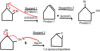 Br Reagent 1 LE2 Mech.) (CH3)3C XH + Br2H20 → Product 1 Product 2 Br Reagent 3 +NaOH 1,2-epoxycyclopentane
