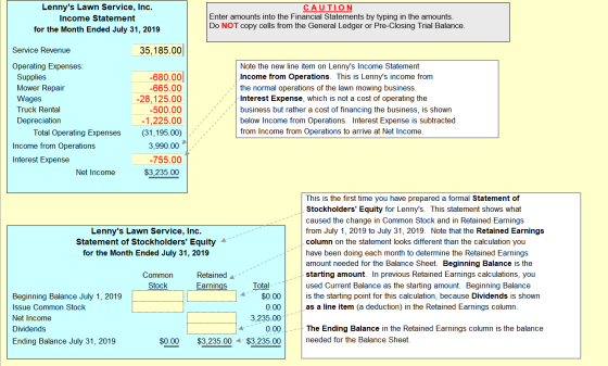 Lennys Lawn Service, Inc. Income Statement for the Month Ended July 31, 2019 CAUTION Enter amounts into the Financial Statem