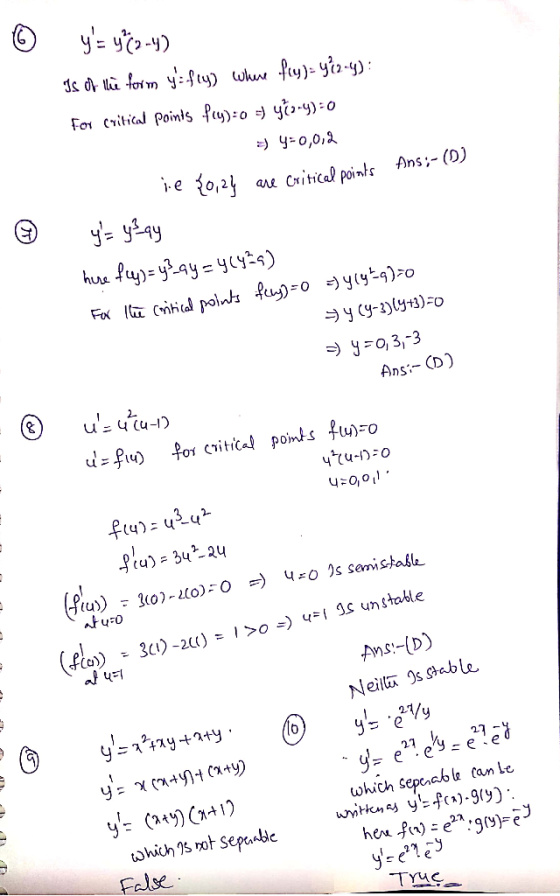 © y= y-y) Is of form y=f(y) where fry)= y*2-4): for critical points fry): 0 = yco-)=0 = 4=0,0,2 Ans;-() ie 10,2% are critic