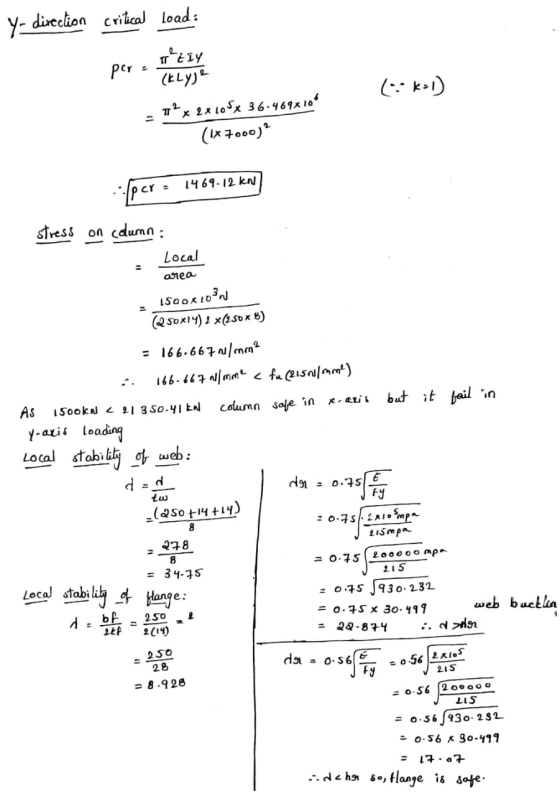 Y- direction critical load: DELY per (kly) Tp x 2x105x 36-469x109 (1x 7000)? 1469-12 KN CY - ./per stress on column Local are