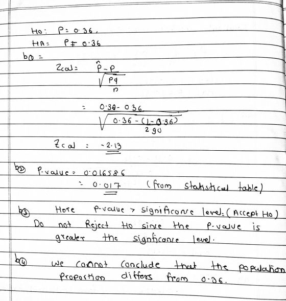 Ho: p=0.36, HA= PE 0.36 bo- Scala v pa v 0:30- 036 0.36-C-03:36). V 2 gu Zcol : -2.13 be - P-value = 0.016586 0.017 (from sta