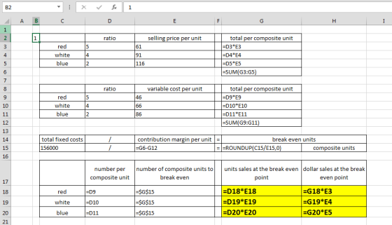B2 | x 1 fc D B A 1 ratio I selling price per unit 1 red white blue 5 4 2 total per composite unit =D3*E3 =D4*E4 =D5*E5 =SUM(