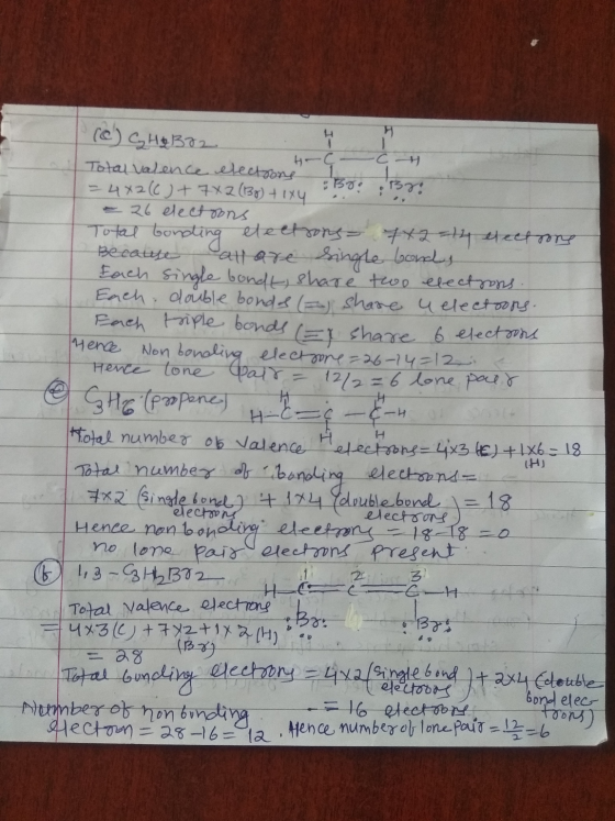 (c) C H2382 Total valence u Hrç C-4 electrons 1 - 4X216) + 7x2(137) + 1x4 Bon 37: - 26 electrons Total bonding electrons = 7x