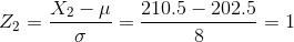 Z_2 = \frac{X_2 - \mu}{\sigma} = \frac{ 210.5 - 202.5}{ 8}= 1