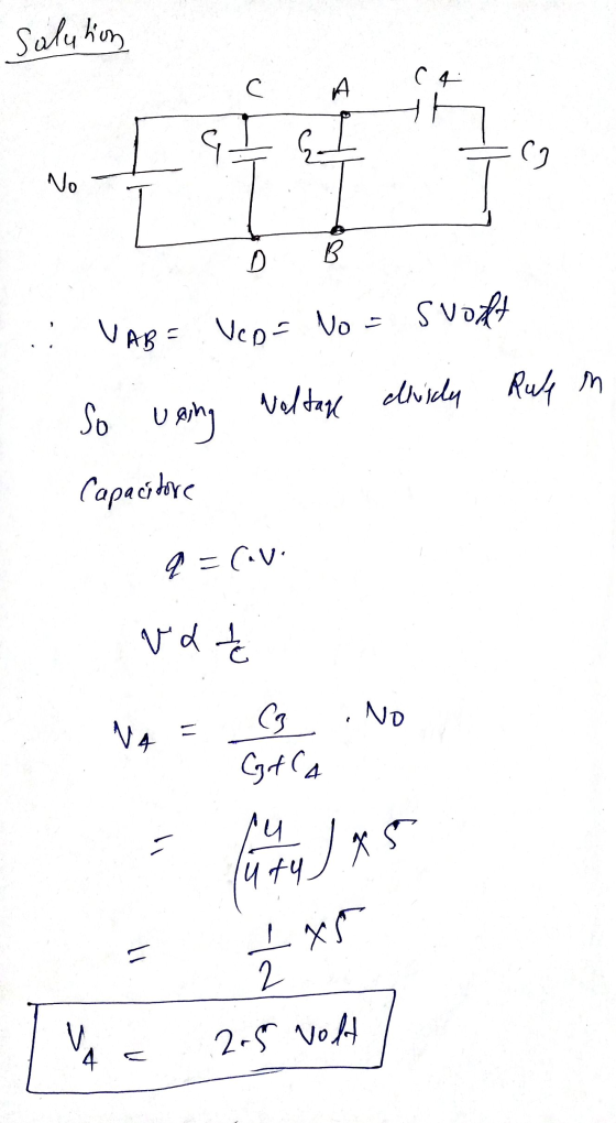 solution C4 С А th G No D B svolt ) VAB= Veo- - No So uning voltage clhuidy Rule in Capacitore q= = cavo vd té CG NO N4 Cgt C