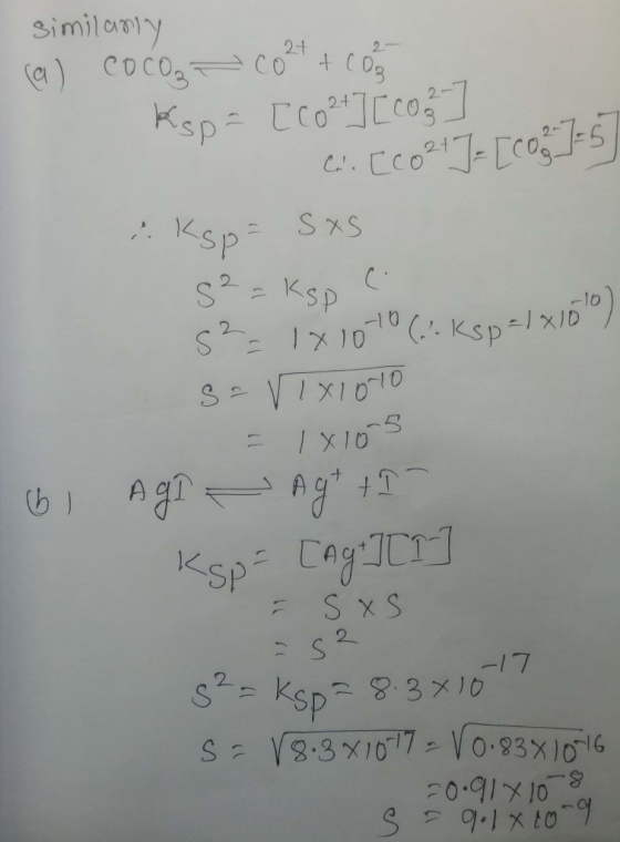 similony 2t 2 ACO3 CCo31Cco CcoTcog5 24 Ca .Ksp SxS 2 Ksp 10 -10 1X10 (KSp lx1D 2 SVIXIO10 /X10-5 KSp CagI SxS -17 83X10 s2-